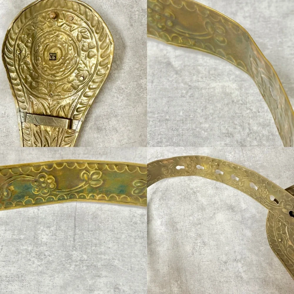 Vintage Brass & Copper Etched Metal Belt  Red Cabochon Centerpiece Made in India